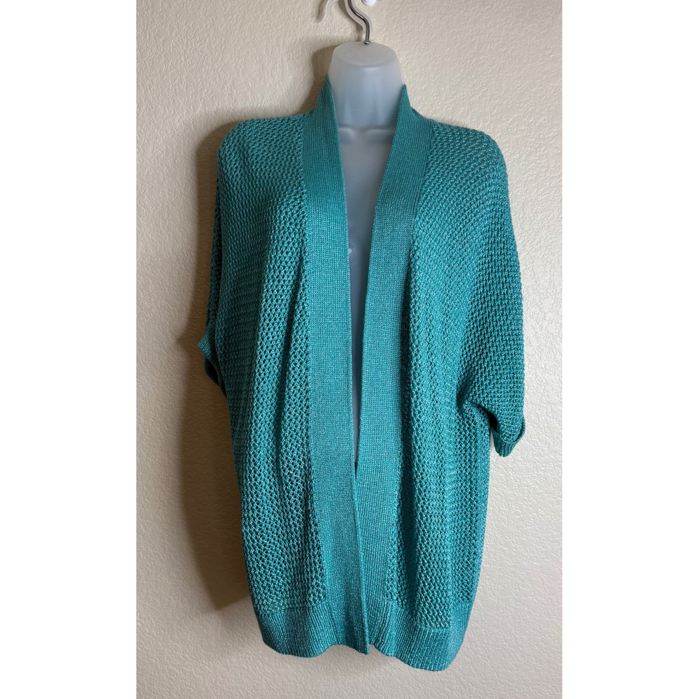 Chicos 2 US Large Cardigan Turquoise Pointelle Knit Short‎ Sleeve Open Front